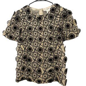 JILL STUART COLLECTION Silk Blouse Sheer Unusual 3D Floral Appliques Black Cream